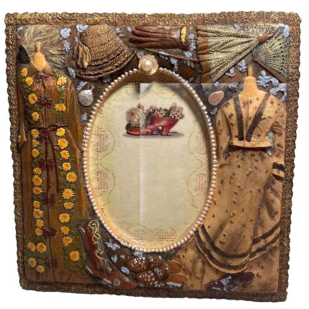 Vintage 90s Victorian outfit theme Resin Picture Frame 3D dress hat fan decor